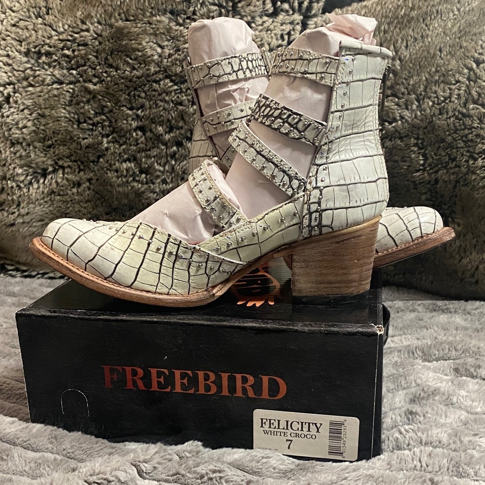 Freebird Croc-Embossed Ankle Booties in Cream and Brown - Picture 3 of 4
